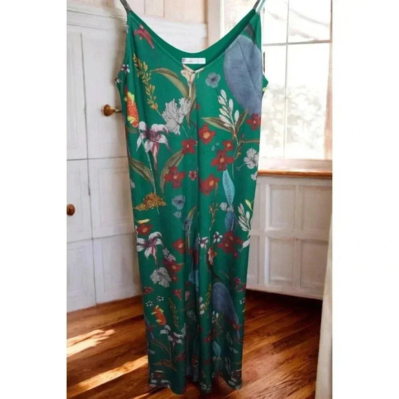 ZARA Green Floral Jumpsuit Satin Effect Tropical Vibes S - Picture 9 of 16